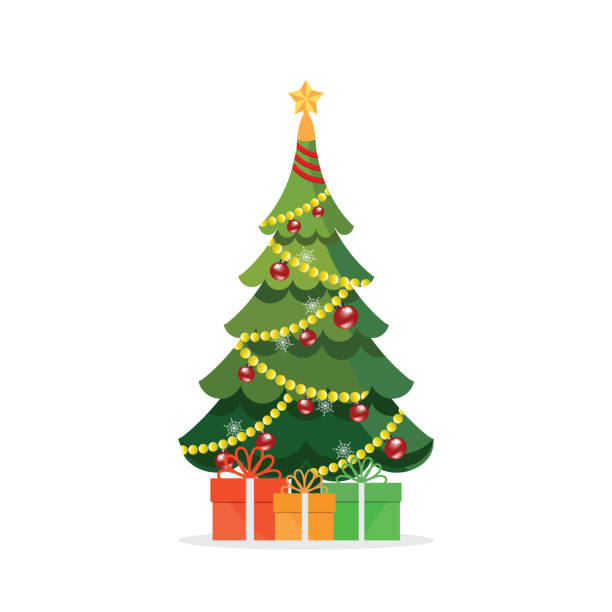 Christmas tree with gifts isolated on white, vector illustration.