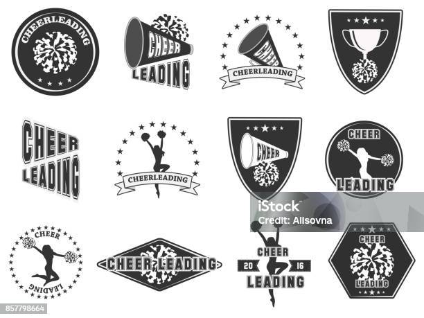 Set Of Labels Logos For Cheerleading Stock Illustration - Download Image Now - Cheerleader, Logo, Pom-Pom