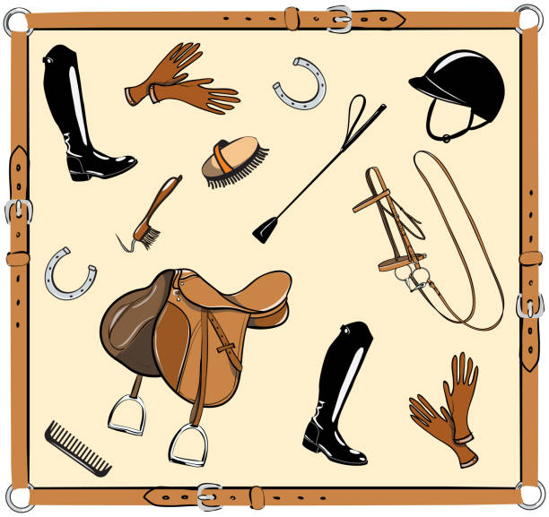 Horse riding tack gear in leather belt frame. Vector bridle, saddle, whip, horseshoe, boot, gloves, helmet, riding boots. Equine hand drawn cartoon background with equestrian sport tool, accessories. buckle cartoon stock illustrations