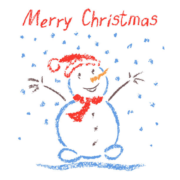 istock Crayon like child's drawing merry christmas funny smiling snowman with lettering and falling snowflakes. 857802490