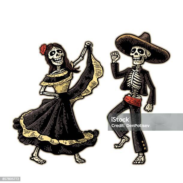 Day Of The Dead Dia De Los Muertos The Skeleton In The Mexican National  Costumes Dance Sing And Play The Guitar Stock Illustration - Download Image  Now - iStock