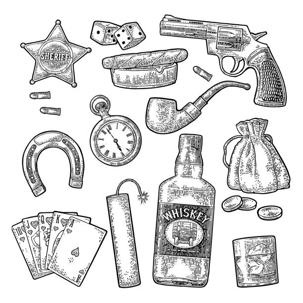 Set with Wild West and casino symbols. Vector vintage engraving Set with Wild West and lucky symbols. Sheriff star, revolver, dice, horseshoe, whiskey bottle, dynamite stick, money bag, bullet, watch, cigar, coins. Vector vintage black engraving isolated on white wild west illustrations stock illustrations