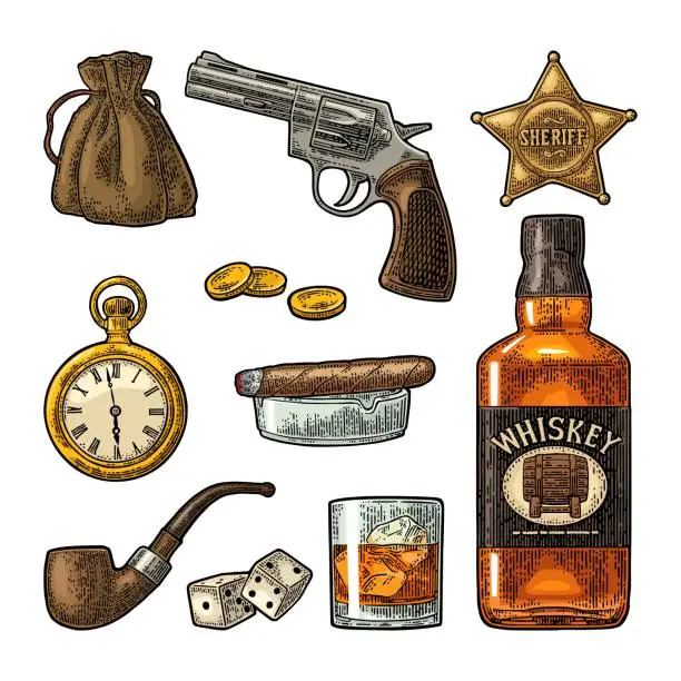 Vector illustration of Set with Wild West and casino symbols. Vector vintage engraving black illustration