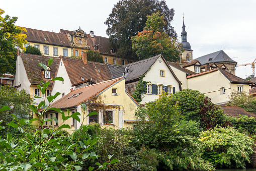 Bamberg, Germany - September 28, 2017: Residential buildings on the riverbank of Regnitz in Bamberg
