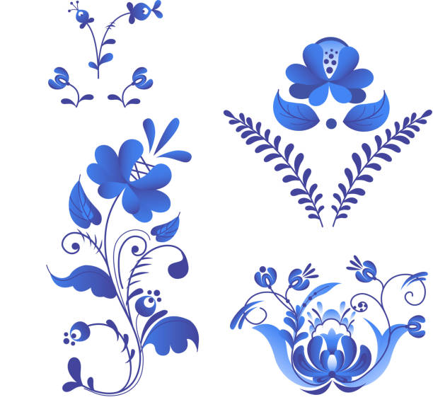 rosyjskie ozdoby w stylu gzhel pomalowane na niebiesko na białym kwiatu tradycyjny kwiat ludowy oddział wzór wektor ilustracji - russian culture traditional culture souvenir folk music stock illustrations