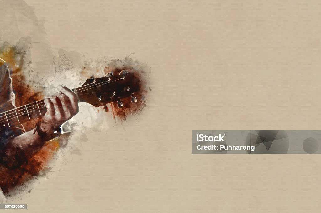 Abstract beautiful playing Guitarist in the foreground, Watercolor painting background and Digital illustration brush to art. Music Stock Photo