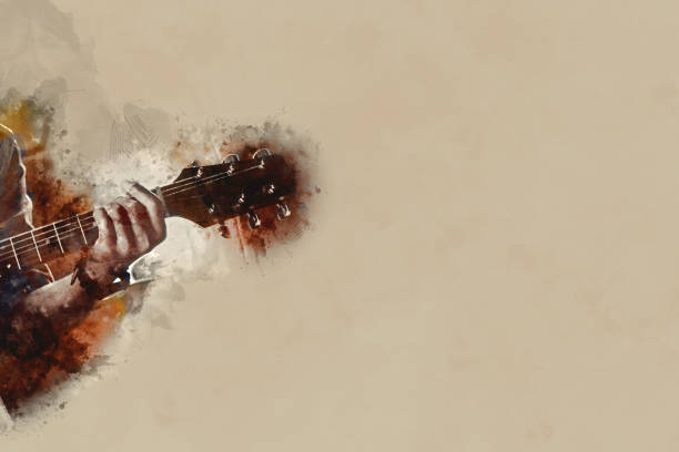 abstract beautiful playing guitarist in the foreground, watercolor painting background and digital illustration brush to art. - watercolor painting audio imagens e fotografias de stock