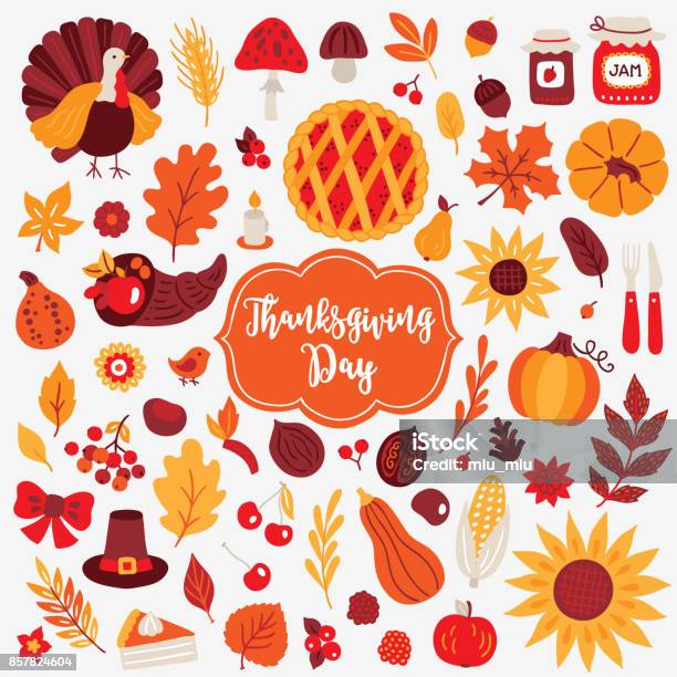 Thanksgiving Day Design Elements Turkey Mushroom Acorn Berry Jam Pumpkin Stock Illustration - Download Image Now