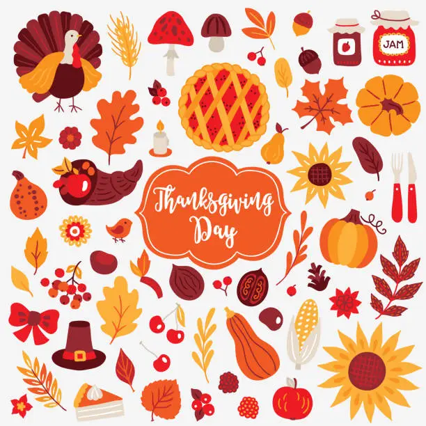 Vector illustration of Thanksgiving Day design elements. Turkey, mushroom, acorn, berry, jam, pumpkin