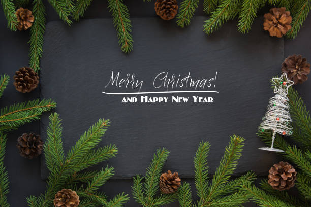 istock Christmas concept with silver tree, pine cones and fir tree branch on black background. Top view and text. 857825544