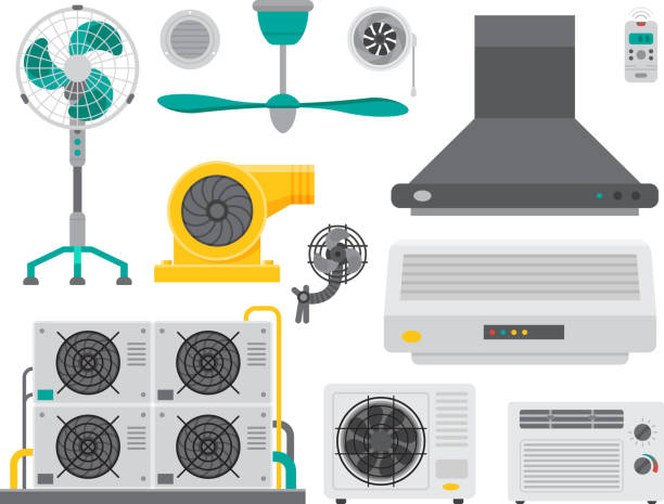 illustrazioni stock, clip art, cartoni animati e icone di tendenza di condizionatore d'aria sistemi di camera d'aria apparecchiature condizionamento clima tecnologia ventola temperatura fredda illustrazione vettoriale - air air conditioner electric fan condition