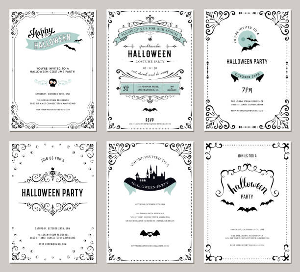 halloween cards_09 - scroll shape frame skull decoration stock-grafiken, -clipart, -cartoons und -symbole