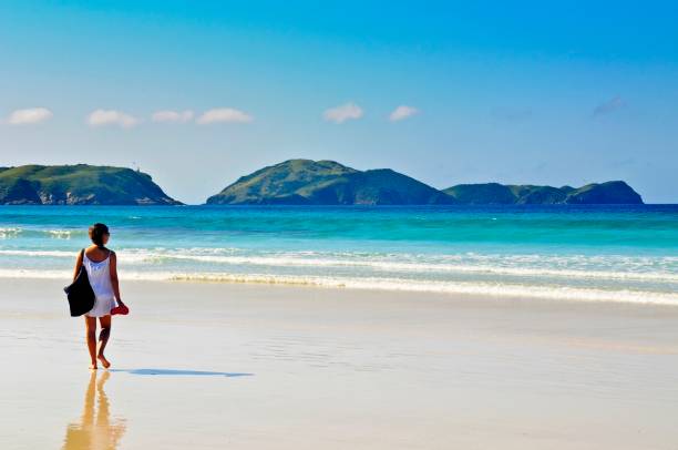 Woman on a beach Woman alone on a beach looking to the ocean arraial do cabo stock pictures, royalty-free photos & images