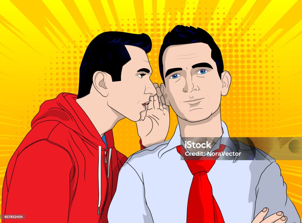 Business men gossiping. Business men gossiping. Vector pop art, retro comic book style illustration. Men stock vector
