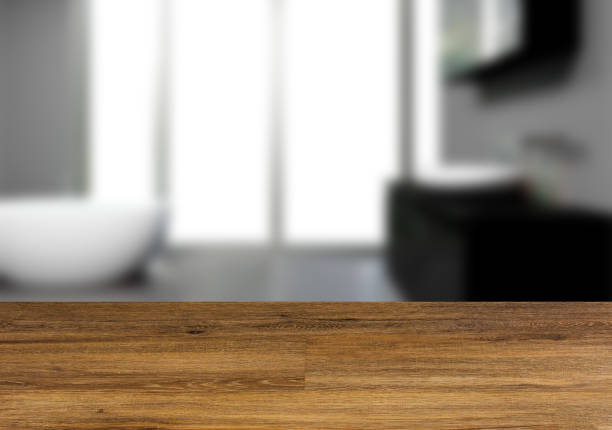 istock The wooden table. Blurred interior. Bathroom 857832718
