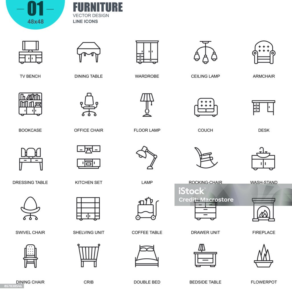 Simple set of furniture related vector line icons Simple Set of Furniture Related Vector Line Icons. Contains such Icons as Bookcase, Office Chair, Lamp, Couch, Desk, Bedside Table, Wash-stand and more. Editable Stroke. 48x48 Pixel Perfect. Icon Symbol stock vector