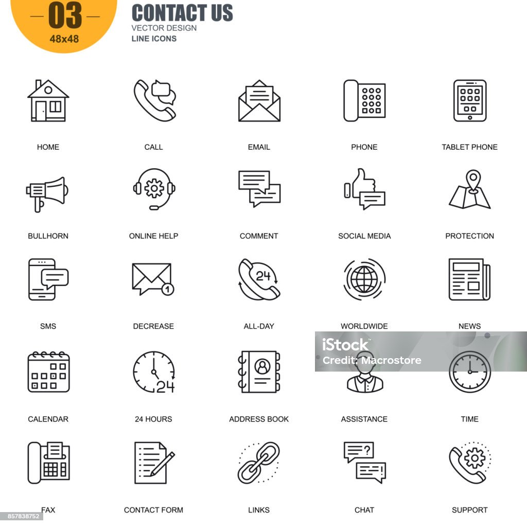 Simple set of contact us related vector line icons Simple Set of Contact Us Related Vector Line Icons. Contains such Icons as Phone, Tablet, Bullhorn, Address Book, Contact Form, Calendar and more. Editable Stroke. 48x48 Pixel Perfect. Icon Symbol stock vector