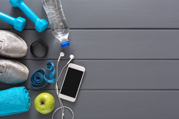 Fitness background, sport equipment, copy space