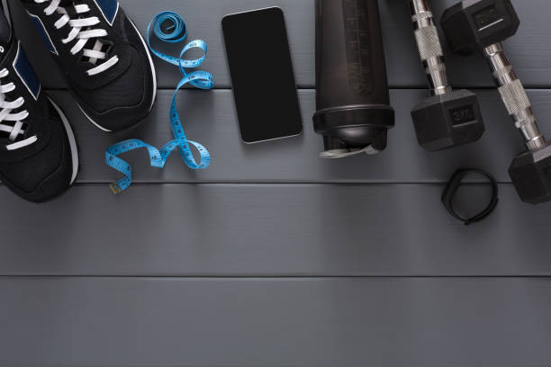 istock Fitness background, sport equipment, copy space 857839256