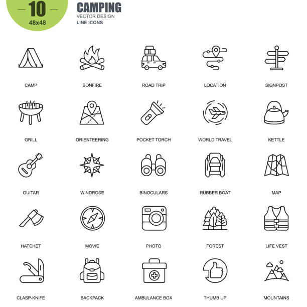 ilustraciones, imágenes clip art, dibujos animados e iconos de stock de simple juego de camping relacionadas con vector iconos de línea - orienteering