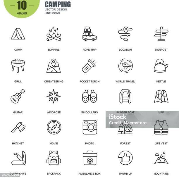 Ensemble De Camping Simples Associés Vecteur Ligne Icônes Vecteurs libres de droits et plus d'images vectorielles de Icône