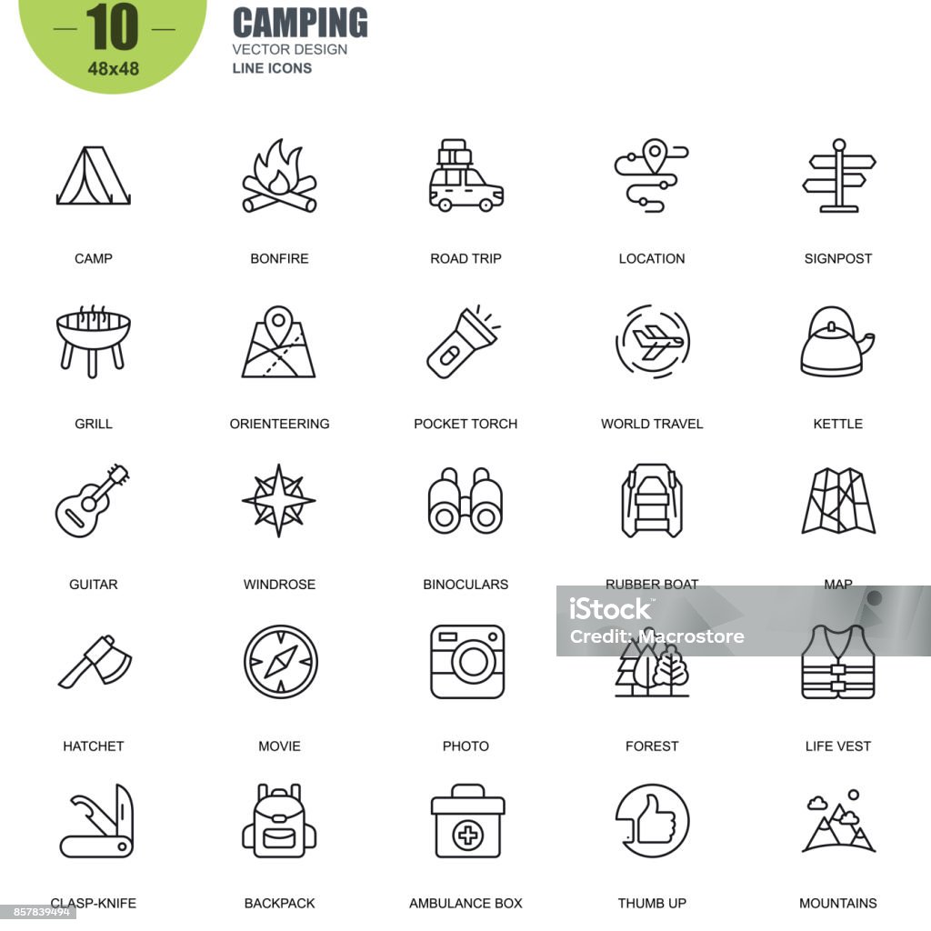 Simple set of camping related vector line icons Simple Set of Camping Related Vector Line Icons. Contains such Icons as Camp, Bonfire, Kettle, Map, Binoculars, Forest, Backpack, Rubber Boat and more. Editable Stroke. 48x48 Pixel Perfect. Icon Symbol stock vector