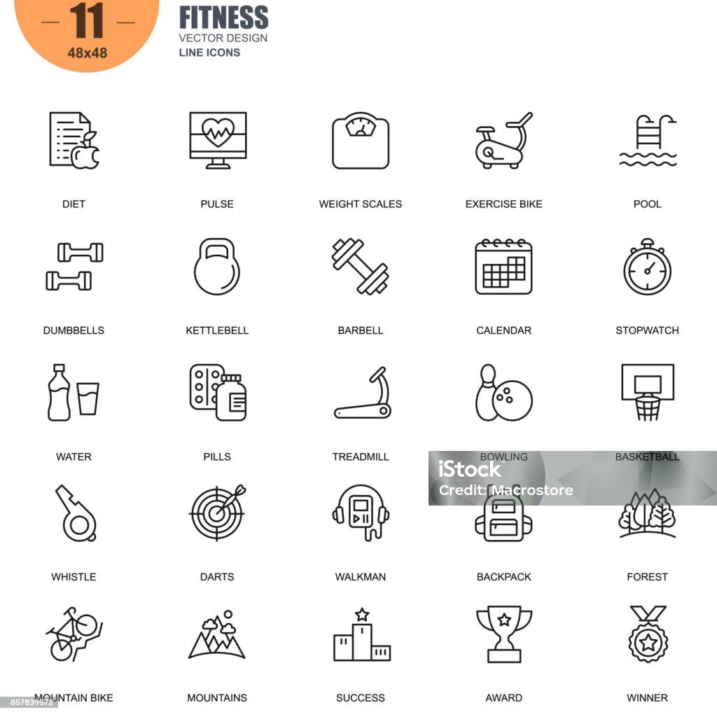 Simple set of fitness related vector line icons Simple Set of Fitness Related Vector Line Icons. Contains such Icons as Pool, Kettlebell, Dumbbells, Bike, Weight Scales, Treadmill, Stopwatch and more. Editable Stroke. 48x48 Pixel Perfect. Icon Symbol stock vector