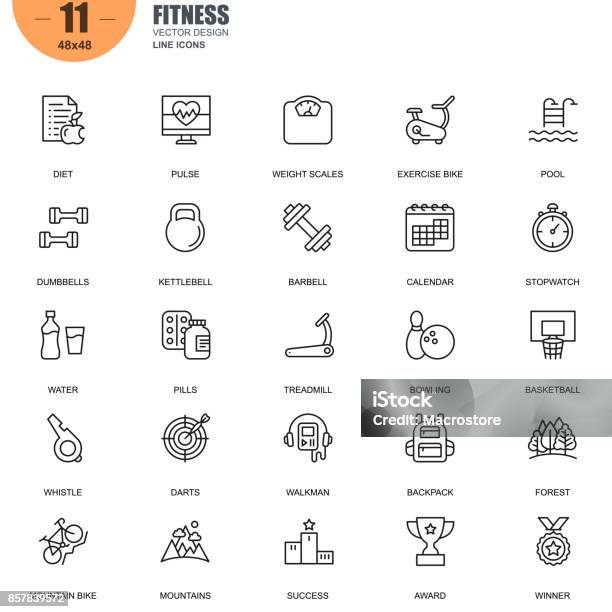 Simple Set Of Fitness Related Vector Line Icons Stock Illustration - Download Image Now - Icon Symbol, Dumbbell, Gym