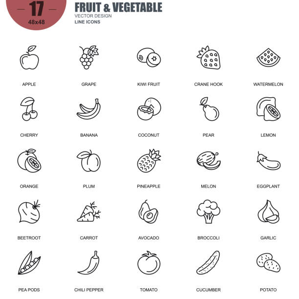 ilustraciones, imágenes clip art, dibujos animados e iconos de stock de simple juego de frutas y verduras relacionadas con vector iconos de línea - antioxidant