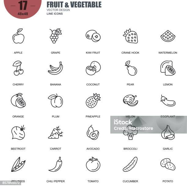 과일 및 야채 관련된 벡터 라인 아이콘의 간단한 세트 아이콘에 대한 스톡 벡터 아트 및 기타 이미지 - 아이콘, 아보카도, 토마토-채소