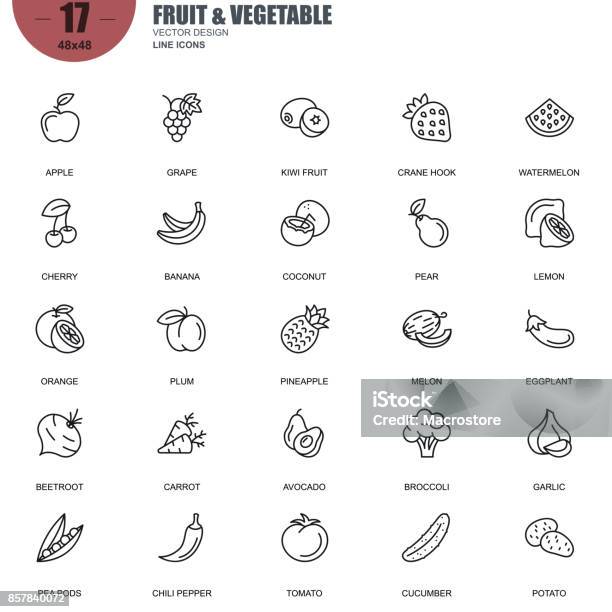 Vetores de Conjunto Simples De Frutas E Vegetais Relacionadas Com Vetor Linha De Ícones e mais imagens de Ícone de Computador