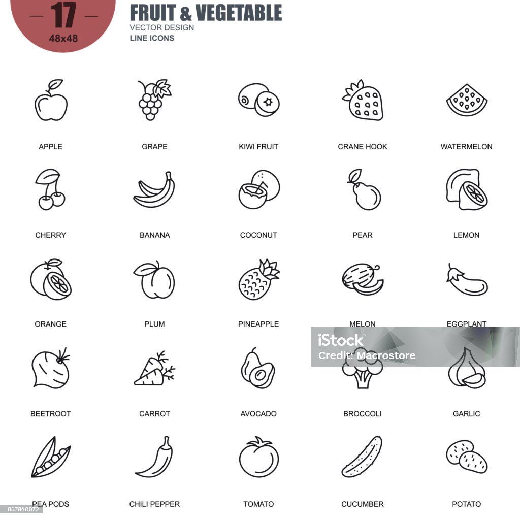 Simple set of fruit and vegetable related vector line icons Simple Set of Fruit and Vegetable Related Vector Line Icons. Contains such Icons as Apple, Banana, Coconut, Cherry,Watermelon, Beetroot, Potato and more. Editable Stroke. 48x48 Pixel Perfect. Icon Symbol stock vector