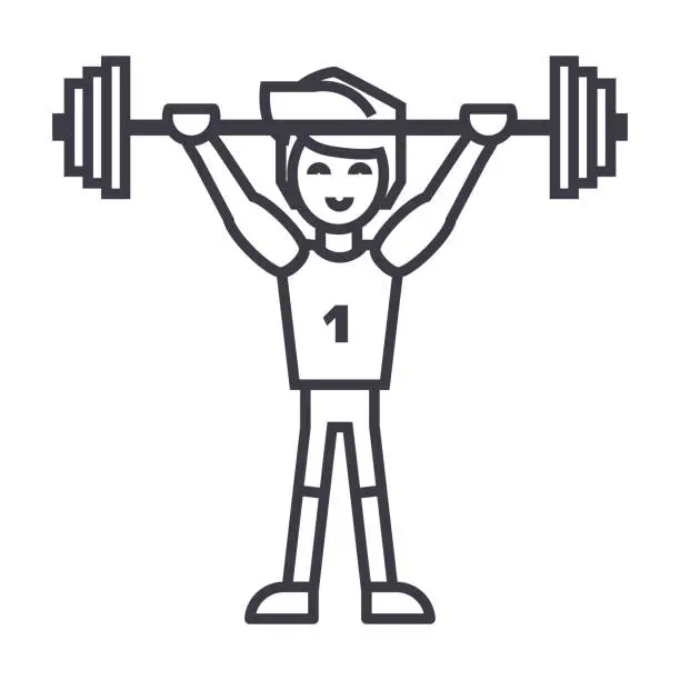 Vector illustration of strong athlete with weights barbell,weightlifting vector line icon, sign, illustration on background, editable strokes