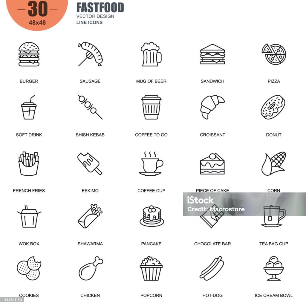 Einfachen Satz von Fastfood im Zusammenhang mit Vektor-Linie-icons - Lizenzfrei Icon Vektorgrafik