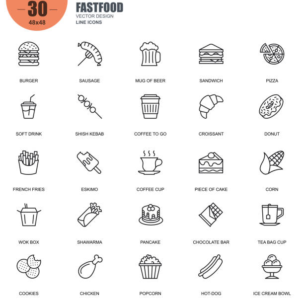 Simple set of fastfood related vector line icons Simple Set of Fastfood Related Vector Line Icons. Contains such Icons as Burger, Sausage, Sandwich, Pizza, French Fries, Hot-dog and more. Editable Stroke. 48x48 Pixel Perfect. cinnamon stick spice food stock illustrations