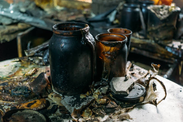 istock Kitchen utensils in burned by fire house, burned furniture 857842022