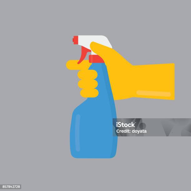 People Hand With Yellow Gloves Holding Cleaning Spray Bottle Stock Illustration - Download Image Now