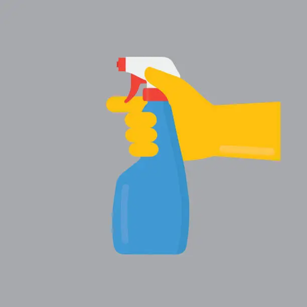 Vector illustration of People Hand with Yellow Gloves Holding Cleaning Spray Bottle