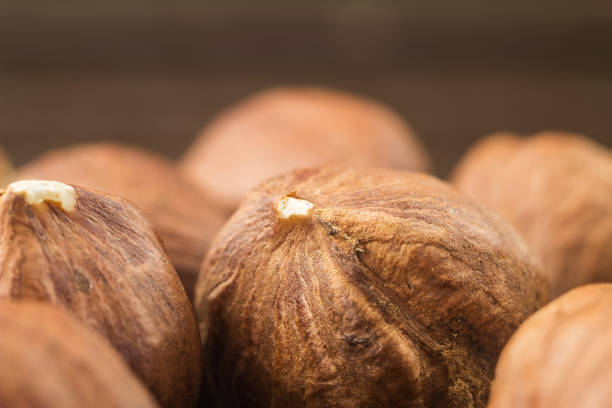 istock Raw brown hazelnut on wooden planks, macro image 857846646