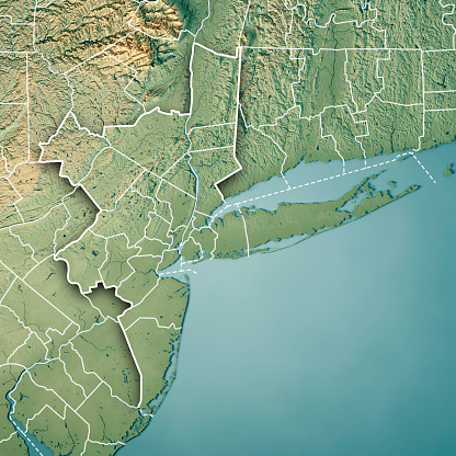 3D Render of a Topographic Map of the New York Metropolitan Area, USA.\nAll source data is in the public domain.\nColor texture: Made with Natural Earth. \nhttp://www.naturalearthdata.com/downloads/10m-raster-data/10m-cross-blend-hypso/\nBoundaries Level 1: USGS, National Map, National Boundary Data.\nhttps://viewer.nationalmap.gov/basic/#productSearch\nRelief texture and Rivers: SRTM data courtesy of USGS. URL of source image: \nWater texture: SRTM Water Body SWDB:\nhttps://dds.cr.usgs.gov/srtm/version2_1/SWBD/