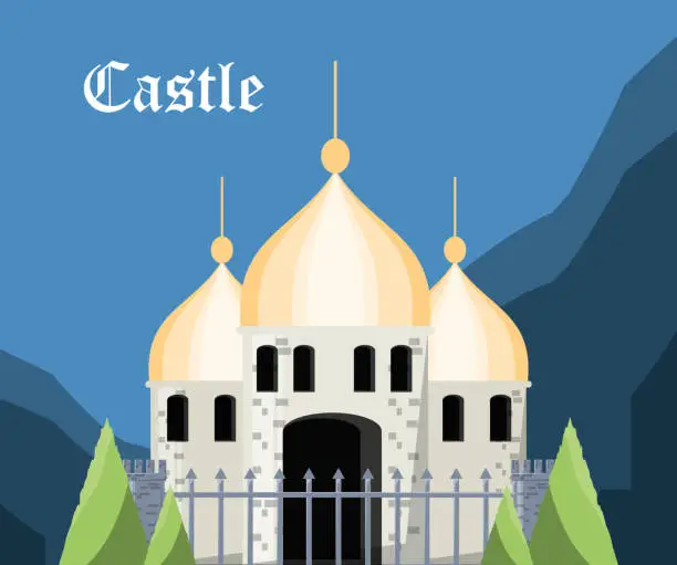 Vector illustration of Castle and pine trees design