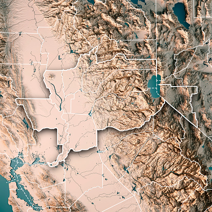 3D Render of a Topographic Map of the Greater Sacramento Area, California, USA.
All source data is in the public domain.
Boundaries Level 1: USGS, National Map, National Boundary Data.
https://viewer.nationalmap.gov/basic/#productSearch
Relief texture and Rivers: SRTM data courtesy of USGS. URLs of source images: 
https://e4ftl01.cr.usgs.gov//MODV6_Dal_D/SRTM/SRTMGL1.003/2000.02.11/N38W120.SRTMGL1.2.jpg
https://e4ftl01.cr.usgs.gov//MODV6_Dal_D/SRTM/SRTMGL1.003/2000.02.11/N38W121.SRTMGL1.2.jpg
https://e4ftl01.cr.usgs.gov//MODV6_Dal_D/SRTM/SRTMGL1.003/2000.02.11/N37W119.SRTMGL1.2.jpg
Water texture: SRTM Water Body SWDB:
https://dds.cr.usgs.gov/srtm/version2_1/SWBD/