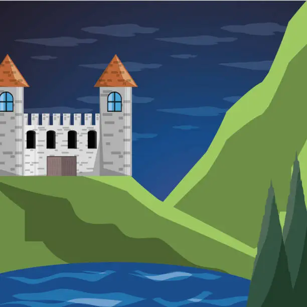 Vector illustration of Castle and pine trees design