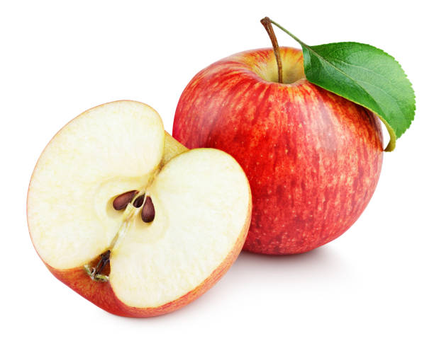 istock Ripe red apple with half and green leaf isolated on white 857852418