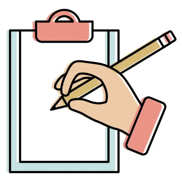 Vector illustration of hand human with pencil writing in clipboard