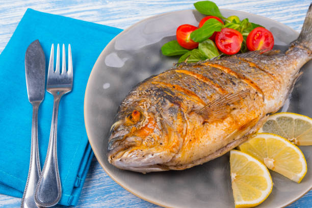 istock Grilled dorado on plate and wooden Background 857856528