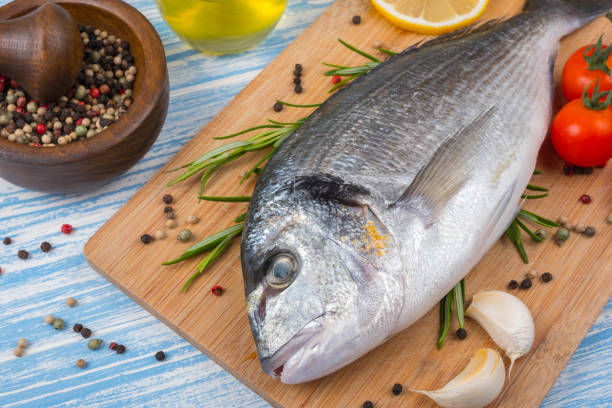 istock Fresh dorado on blue wooden background 857856808