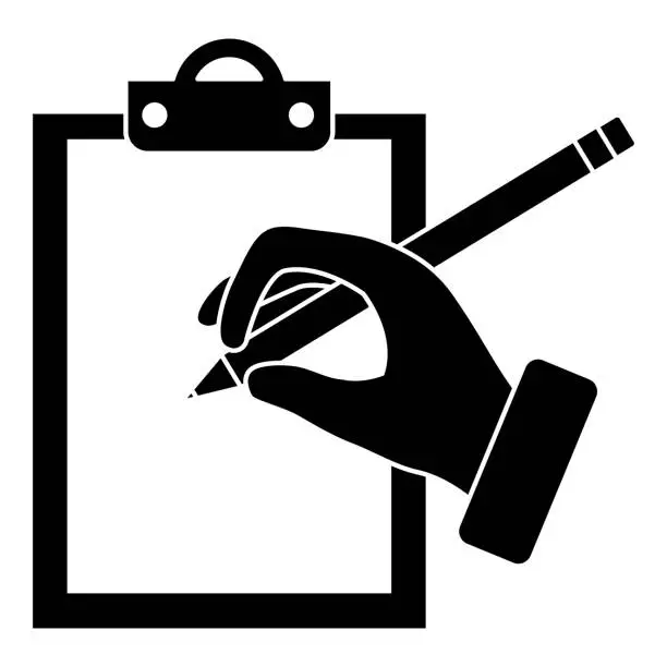 Vector illustration of hand human with pencil writing in clipboard