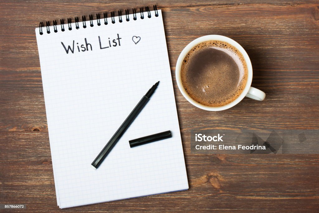 Wishlist de palavra em um notebook - Foto de stock de Aberto royalty-free