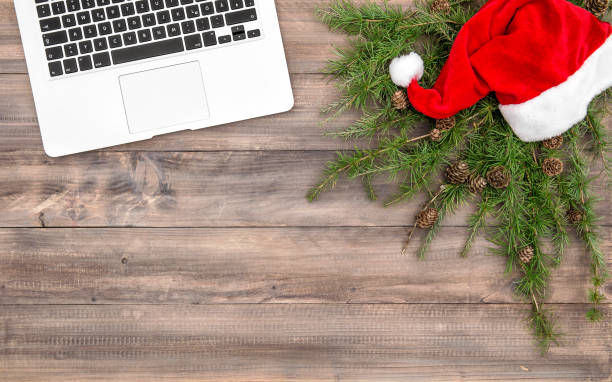 istock Christmas decoration office desk laptop flat lay 857870234